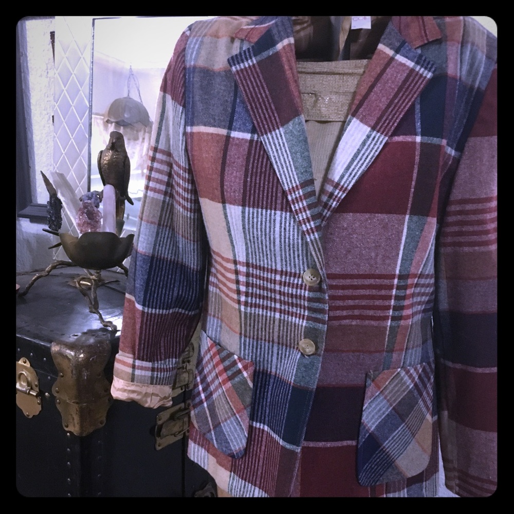 Vintage‎ COS COB Wool Blend Plaid Blazer Jacket Burgundy Navy Tan Size 11/12 M